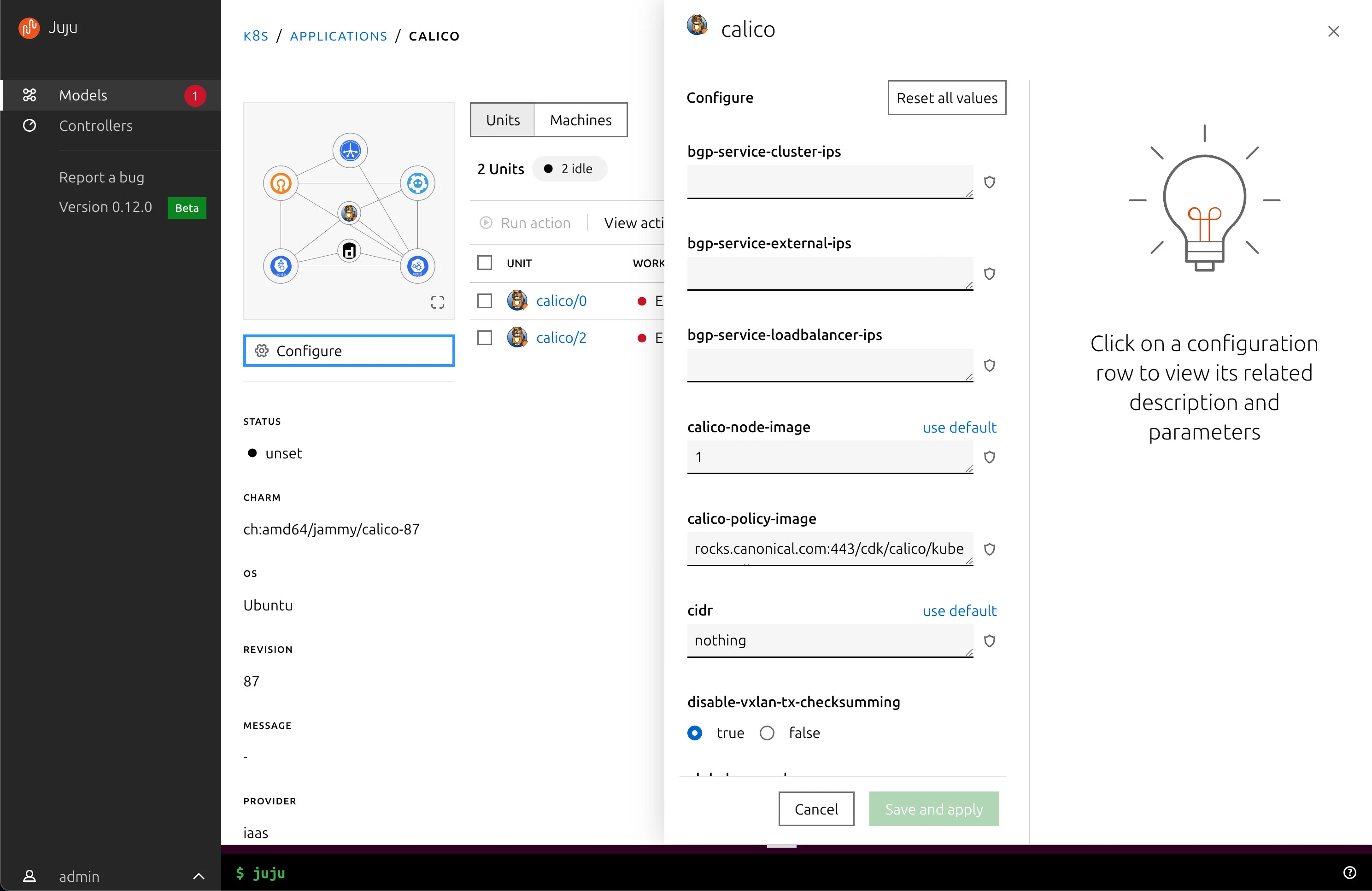 Juju dashboard configuring applications