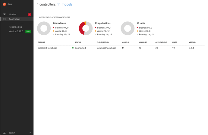 Juju dashboard controllers view