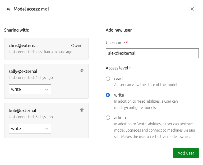 Juju dashboard model access management