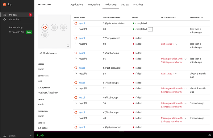 Juju dashboard viewing action logs